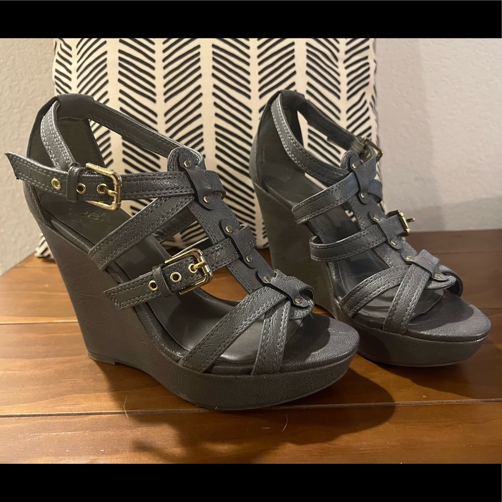Grey Strappy Wedge Sandals
